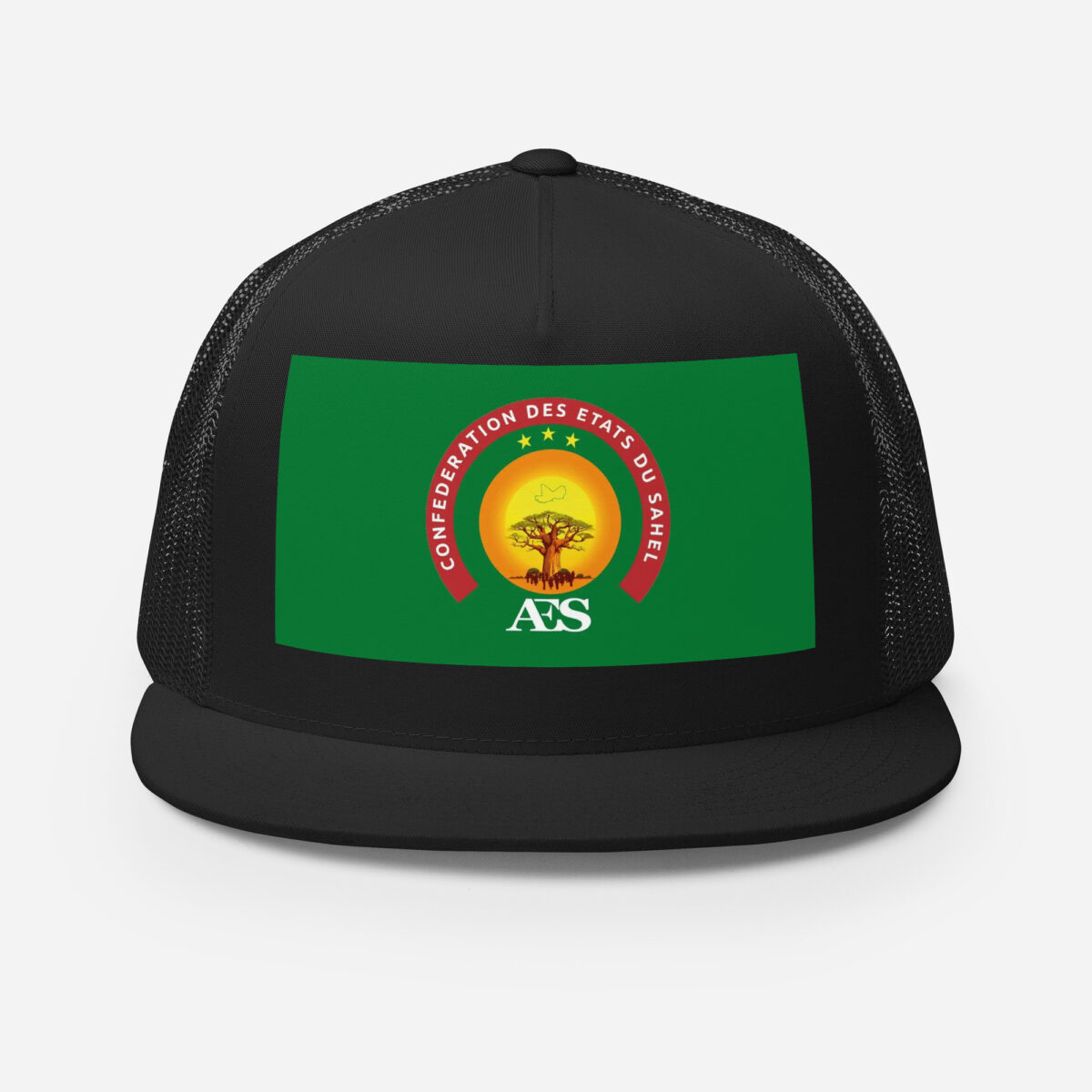 Casquette Trucker AES – Modèle “Souveraineté” | Style urbain, Drapeau du Sahel - Impression avant – Image 1